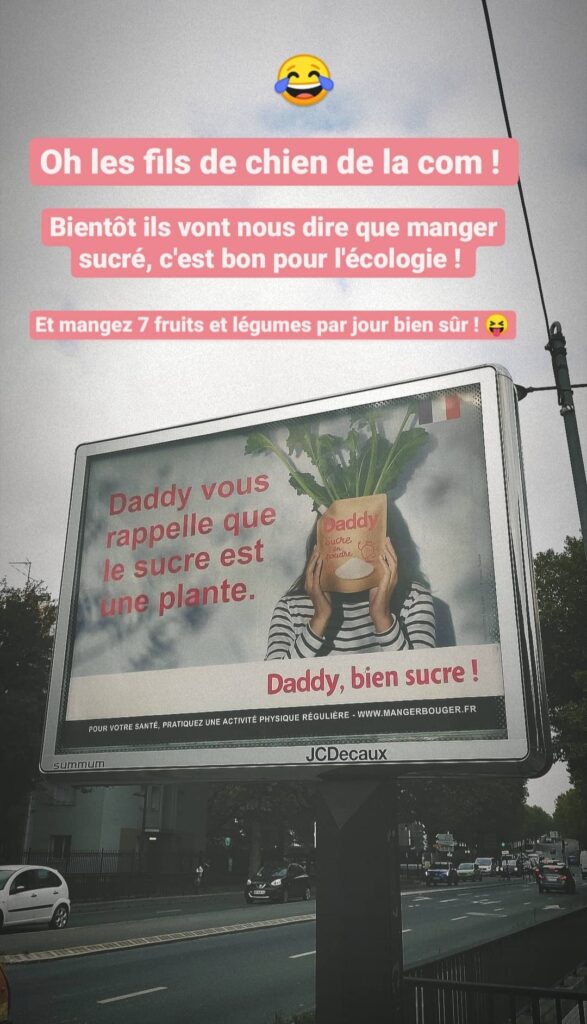 Comentario de crítica a la campaña de Daddy en Instagram Stories por un usuario francés