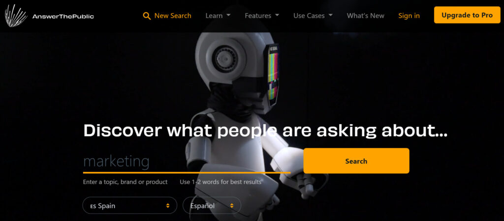 Página landing de Answer The Public - herramienta de Marketing para palabras clave: "Descubre lo que la gente busca"
